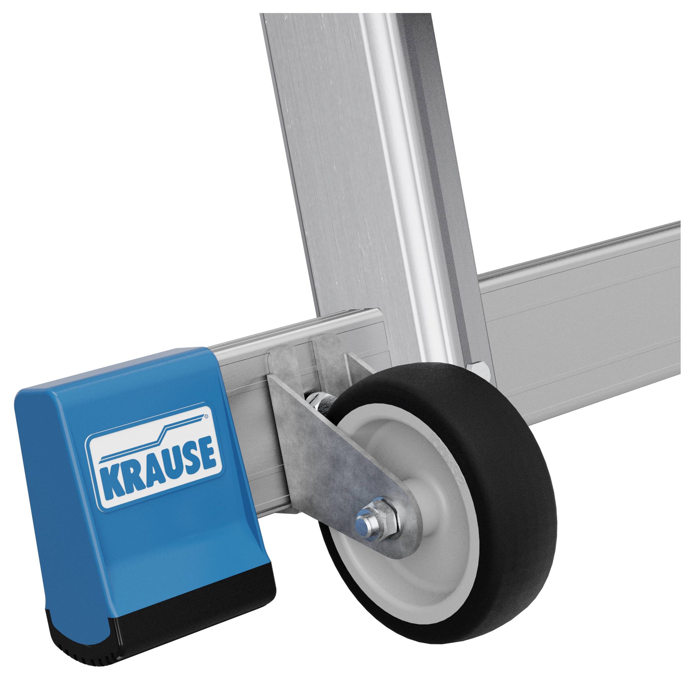 Ein blaues Rad mit schwarzer Gummibereifung ist an einem silbernen Metallrahmen befestigt. Der Rahmen trägt das Etikett 'KRAUSE'.