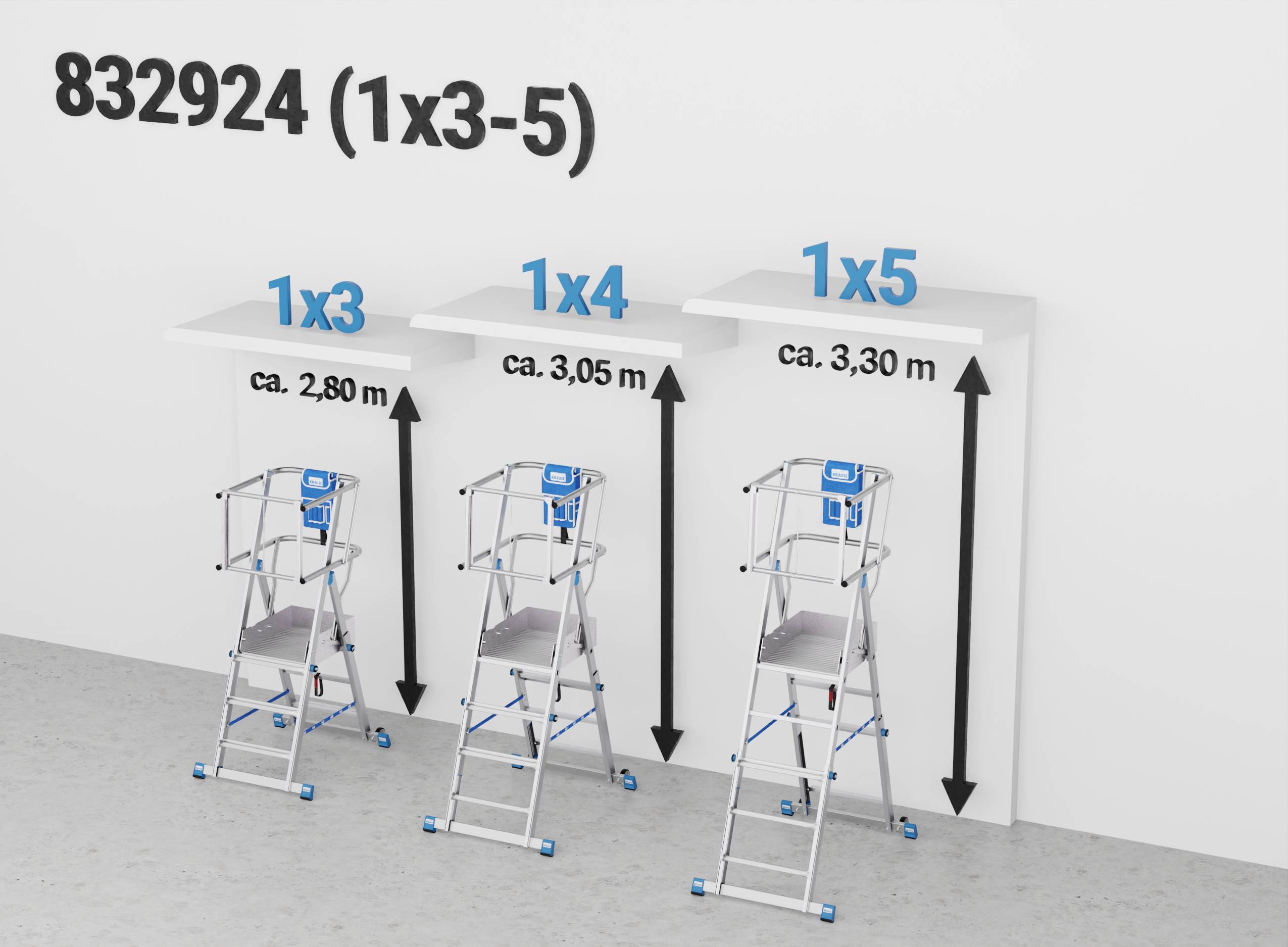 Drei Leitern mit unterschiedlichen Höhen: 1x3 ca. 2,80 m, 1x4 ca. 3,05 m, 1x5 ca. 3,30 m, vor einer weißen Wand aufgestellt.