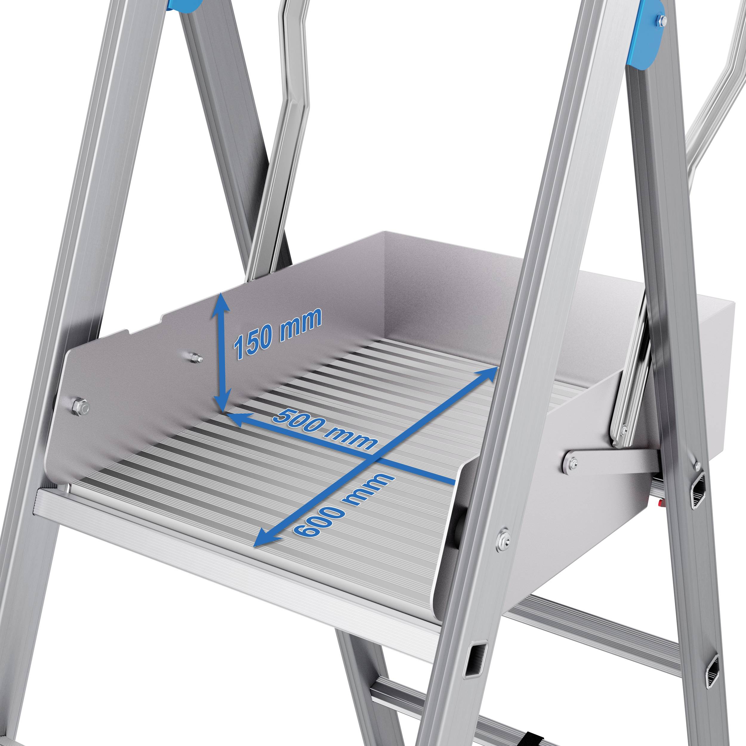 Aluminium-Trittleiter mit Maßen: Plattform 600 mm lang, 500 mm breit, 150 mm hoch. Geeignet für Heimwerkerarbeiten.