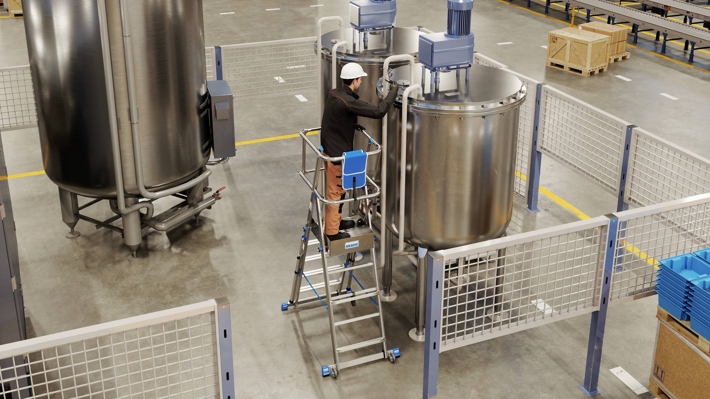 Aluminiumleiter mit Plattform und Sicherheitsgeländer, stehend auf Stufen. Geeignet für Arbeiten in der Höhe mit erhöhter Stabilität.