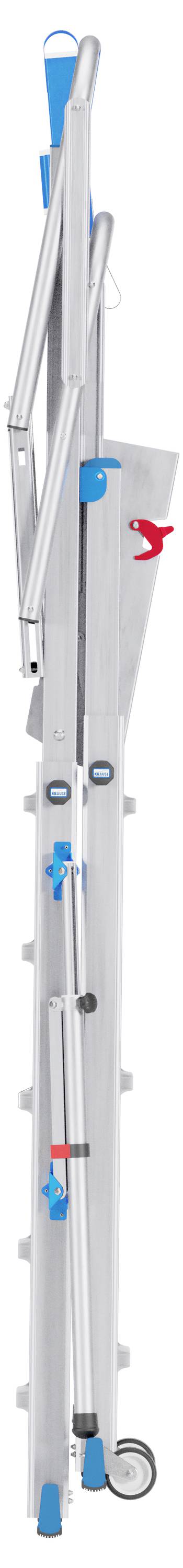 Zusammengeklappte, silberne mehrstufige Leiter mit blauen und roten Sicherheitsmerkmalen.