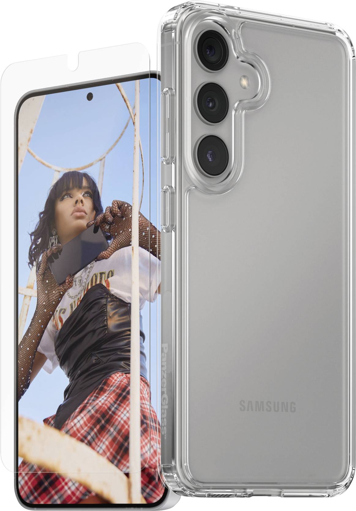 Ein Samsung-Smartphone mit transparentem Schutzcover. Auf dem Bildschirm ist eine Frau in modischer Kleidung vor blauem Himmel zu sehen.