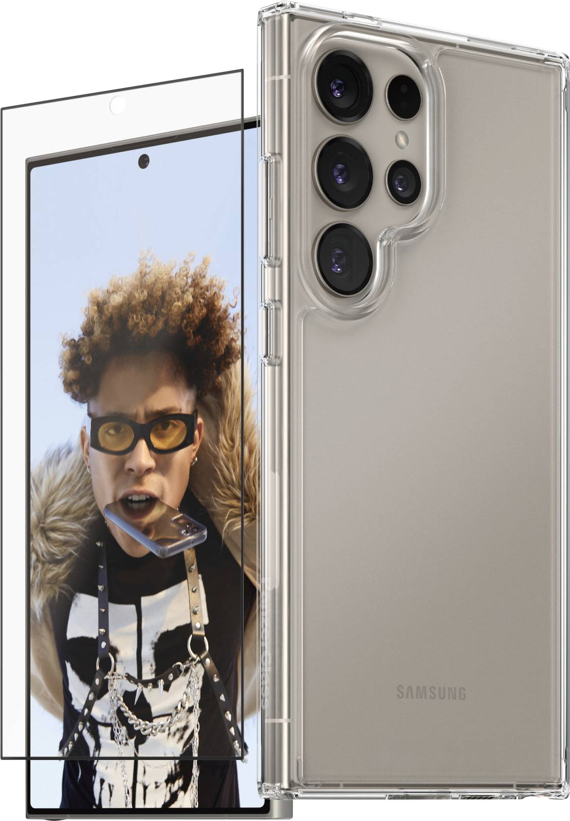 Ein Smartphone, teilweise verdeckt durch eine durchsichtige Schutzhülle und einen Bildschirmschutz. Auf dem Display ein Mann mit gelber Brille.