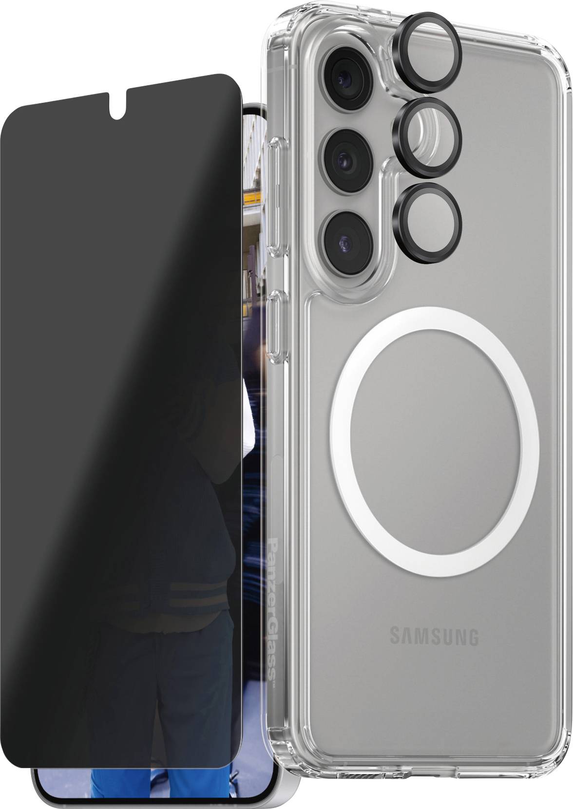 Ein durchsichtiges Smartphone-Case mit integriertem Magnetring liegt neben einem Handy mit mattem, blickdichtem Bildschirm-Schutz.