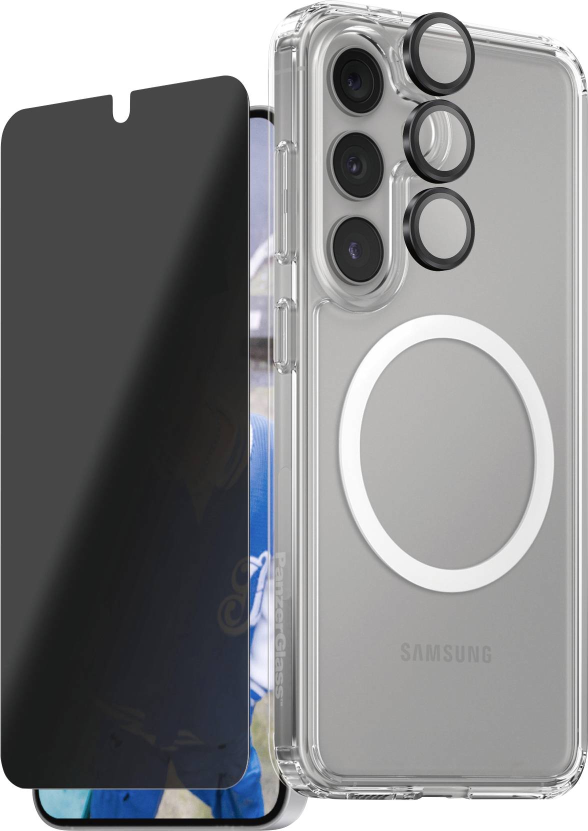 Transparente Handyhülle für Samsung-Gerät, zeigt Kameraaussparungen und grauen Kreis für MagSafe-Kompatibilität; nebst Displayschutzfolie.