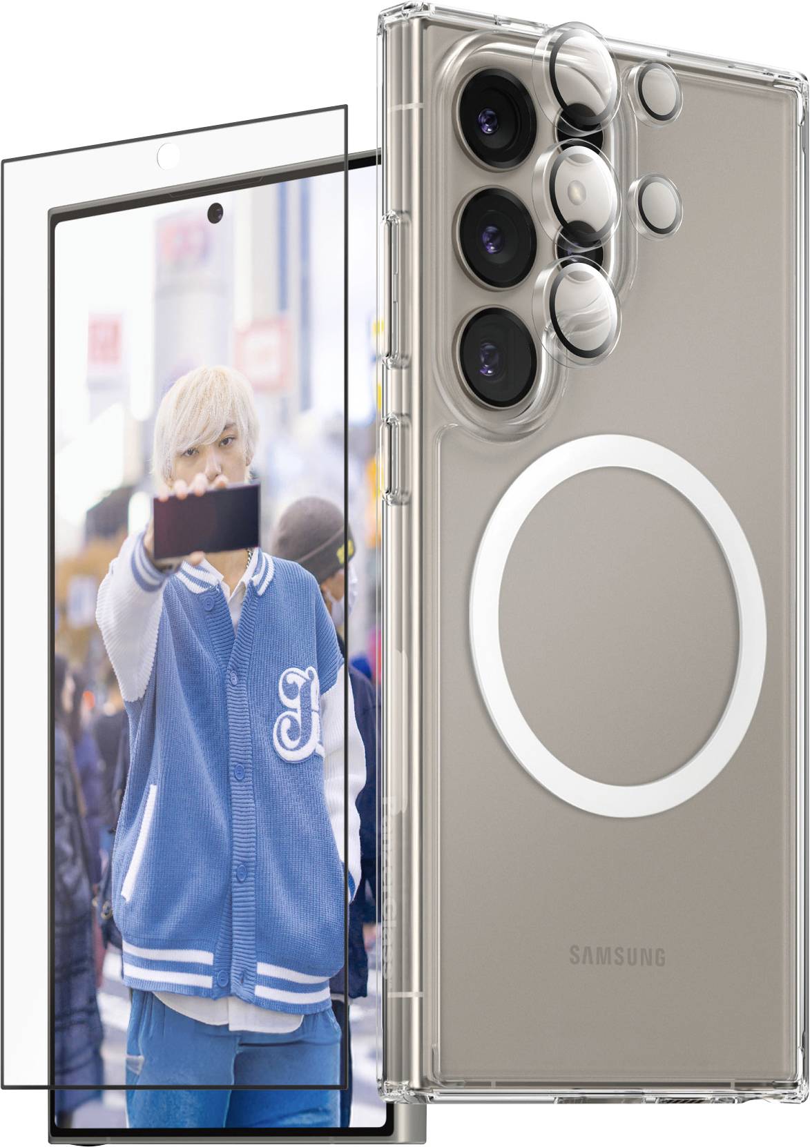 Ein Smartphone mit transparentem Case zeigt auf dem Display eine Person in blauer Jacke, die die Kamera mit dem Handy filmt.