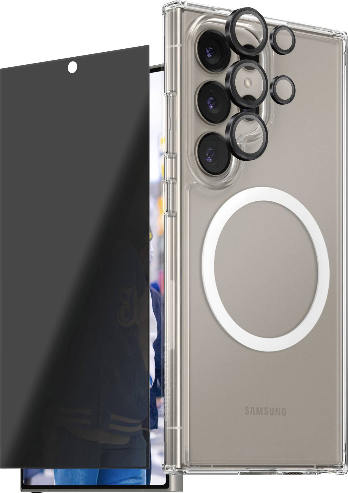 Klarsicht-Handyhülle mit Kameraschutz und weißem Kreisdesign auf der Rückseite für ein Smartphone, Displayabdeckung im Vordergrund.