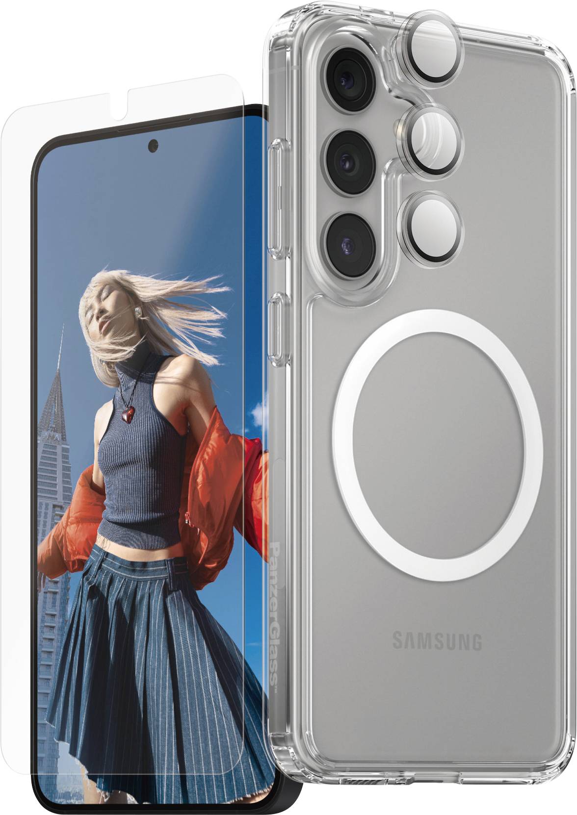 Transparente Smartphone-Hülle und Displayschutz für Samsung-Handy. Im Hintergrund ist eine junge Frau vor einem Gebäude abgebildet.