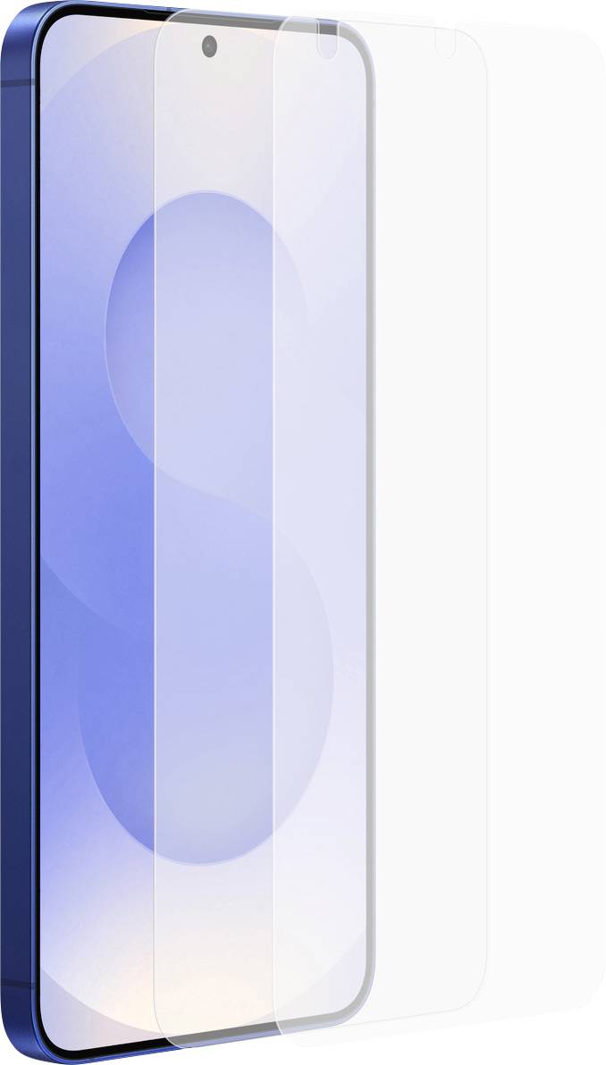 Smartphone mit blauem Rand und installiertem Displayschutz.