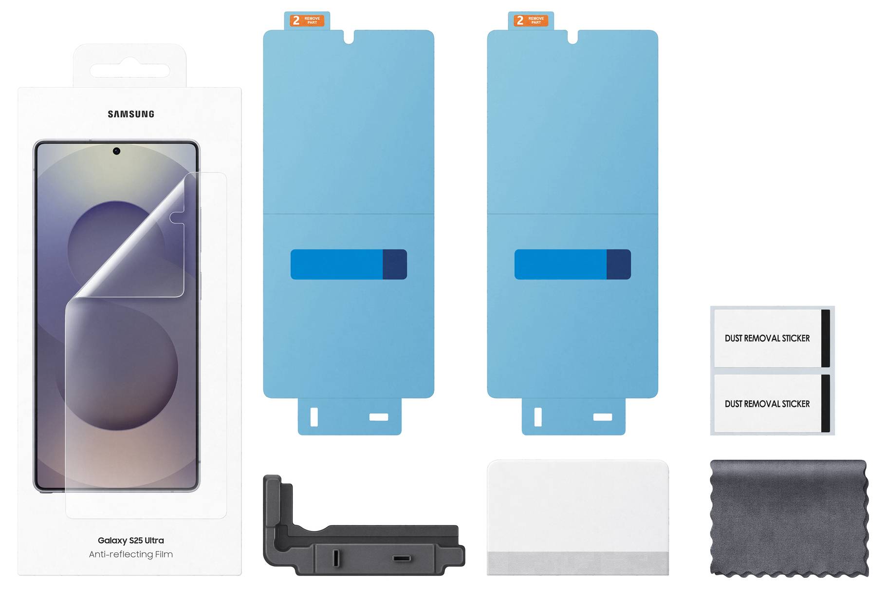 Displayschutzfolie für Samsung Galaxy S23 Ultra, Anti-Reflektion, mit Staubentferner und Reinigungstuch, präsentiert im Verpackungsdesign.