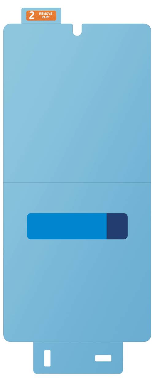 Ein hellblaues, längliches Objekt mit einem dunkleren blauen rechteckigen Bereich darauf. Oben links ein orangefarbenes Etikett mit der Nummer '2'.