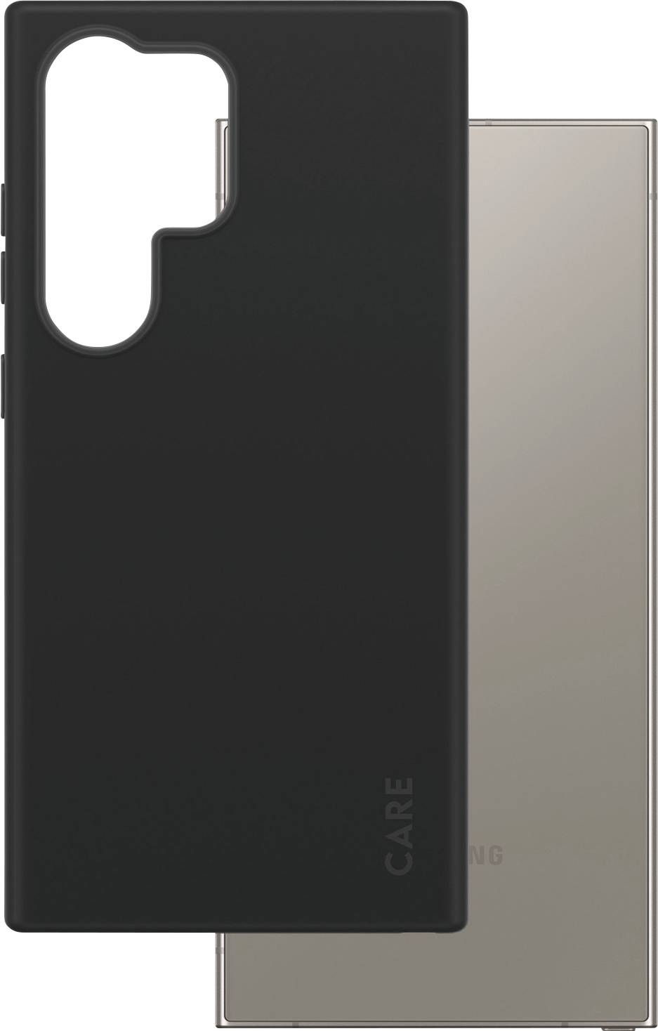 Ein graues Smartphone steht aufrecht; im Vordergrund eine schwarze Handyhülle mit Kameraaussparung.