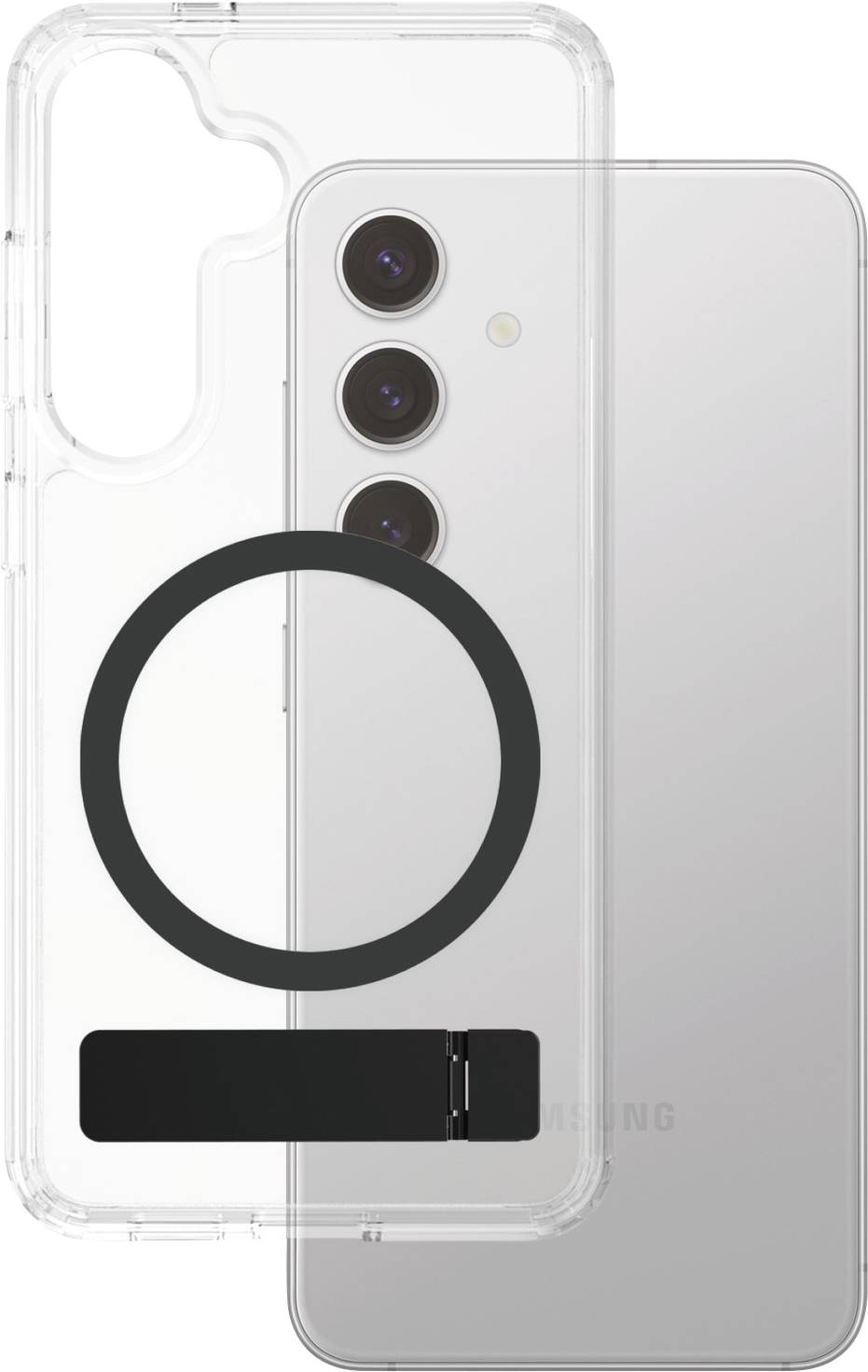 Ein Smartphone mit dreifacher Kamera und ein transparenter Schutzcase mit schwarzem Magnetring liegen nebeneinander.