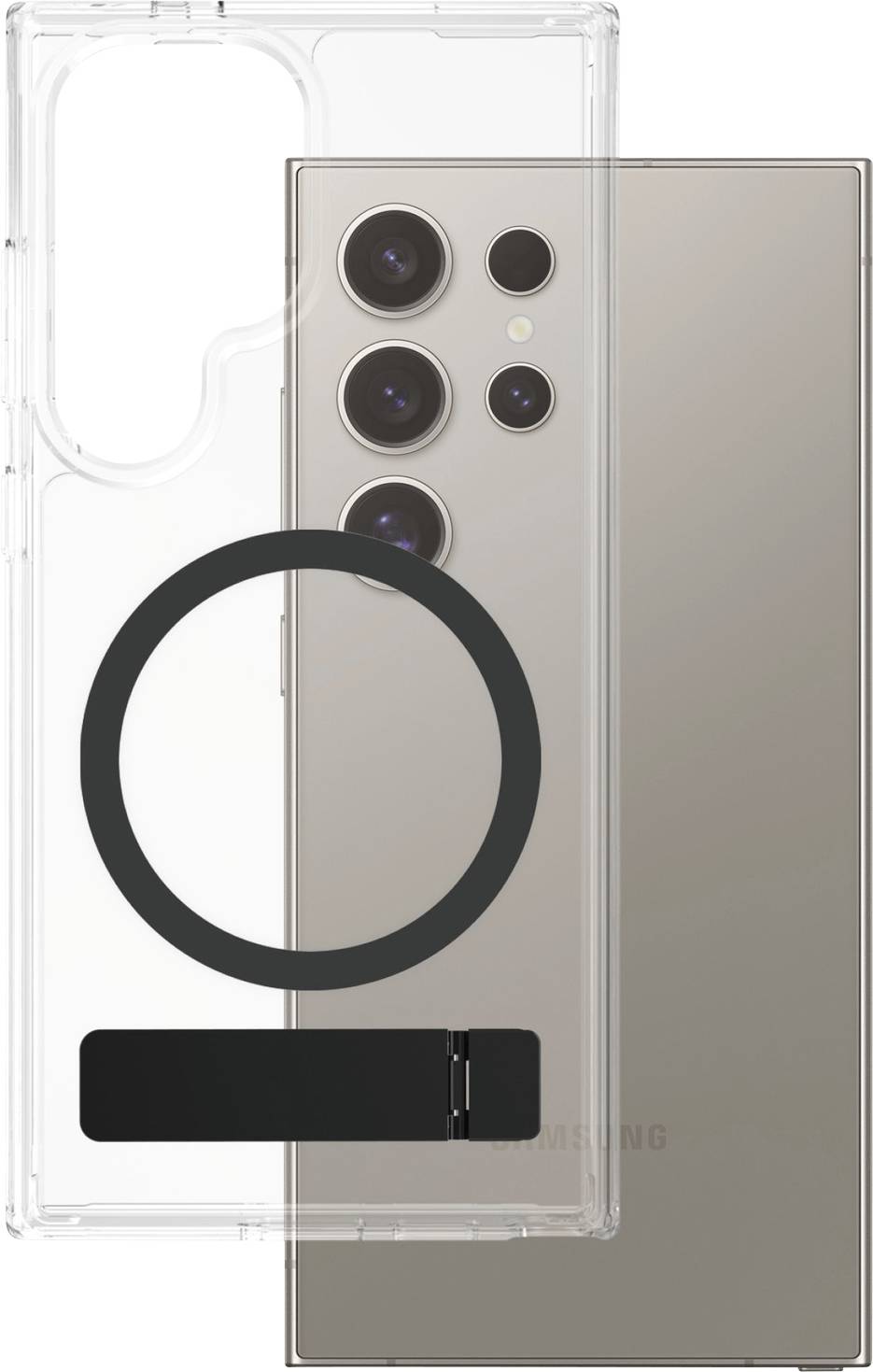 Samsung-Smartphone mit transparentem Hülle und mehreren Kameralinsen auf der Rückseite.