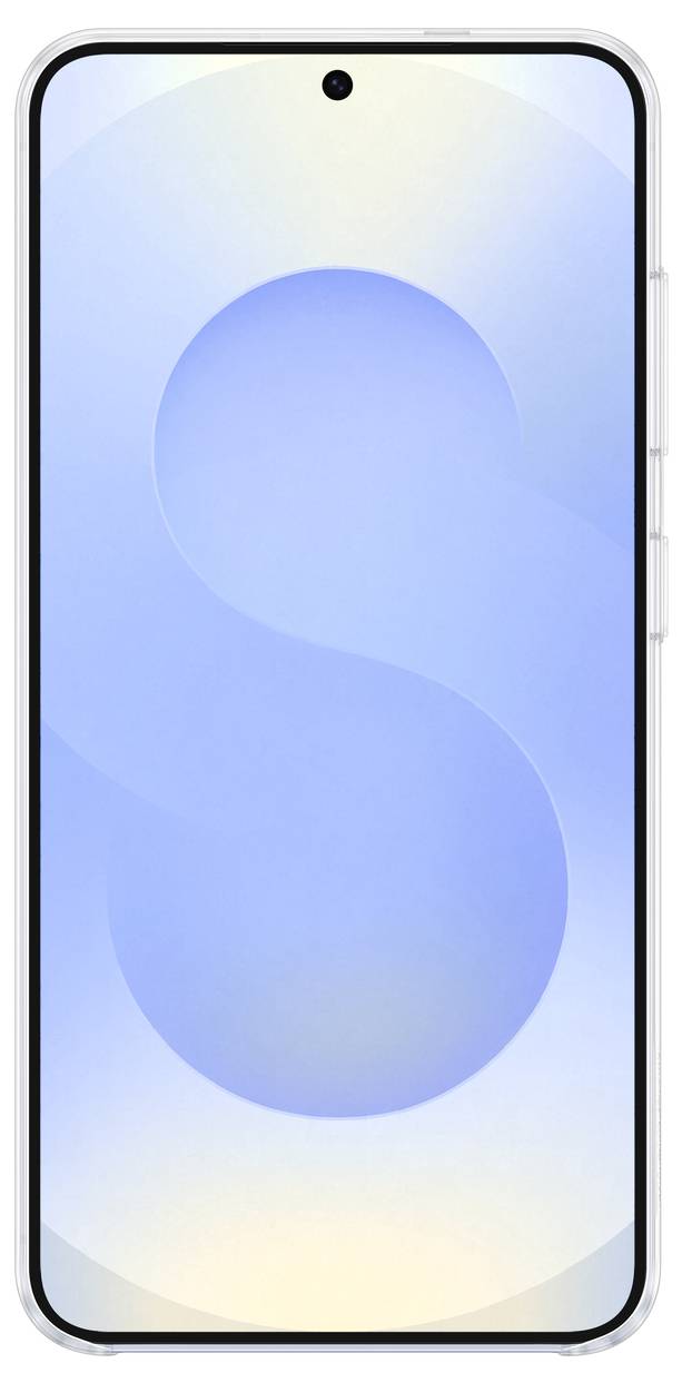 Smartphone mit randlosem Display, zentrale Frontkamera und einem blauen, stilisierten Hintergrundbild.