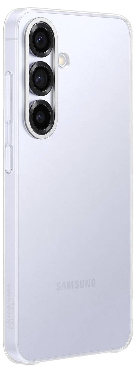 Ein silbernes Smartphone von Samsung mit drei Kameralinsen vertikal auf der Rückseite.