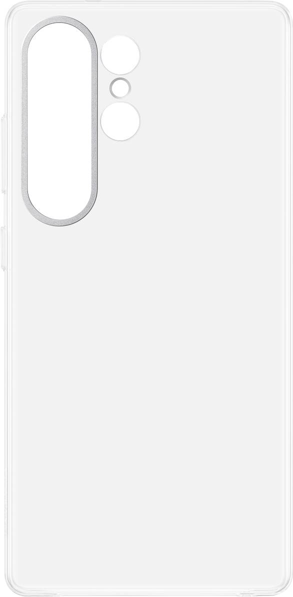 Transparente Handyhülle, zeigt Aussparungen für drei Kameras und Blitz auf einer glatten, klaren Oberfläche.