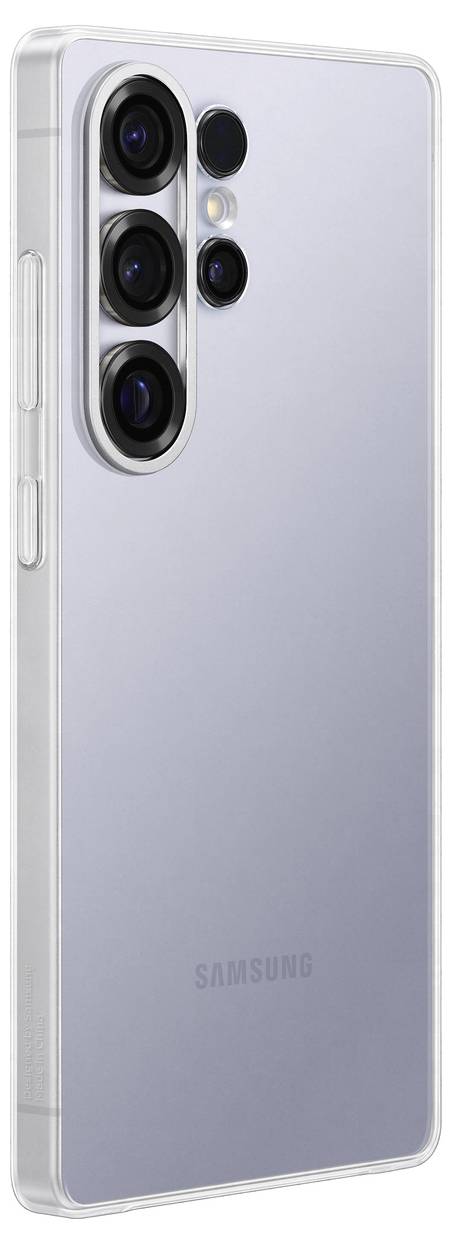 Ein modernes Smartphone in einer transparenten Hülle, zeigt vier Kameralinsen auf der Rückseite, silbernes Design.