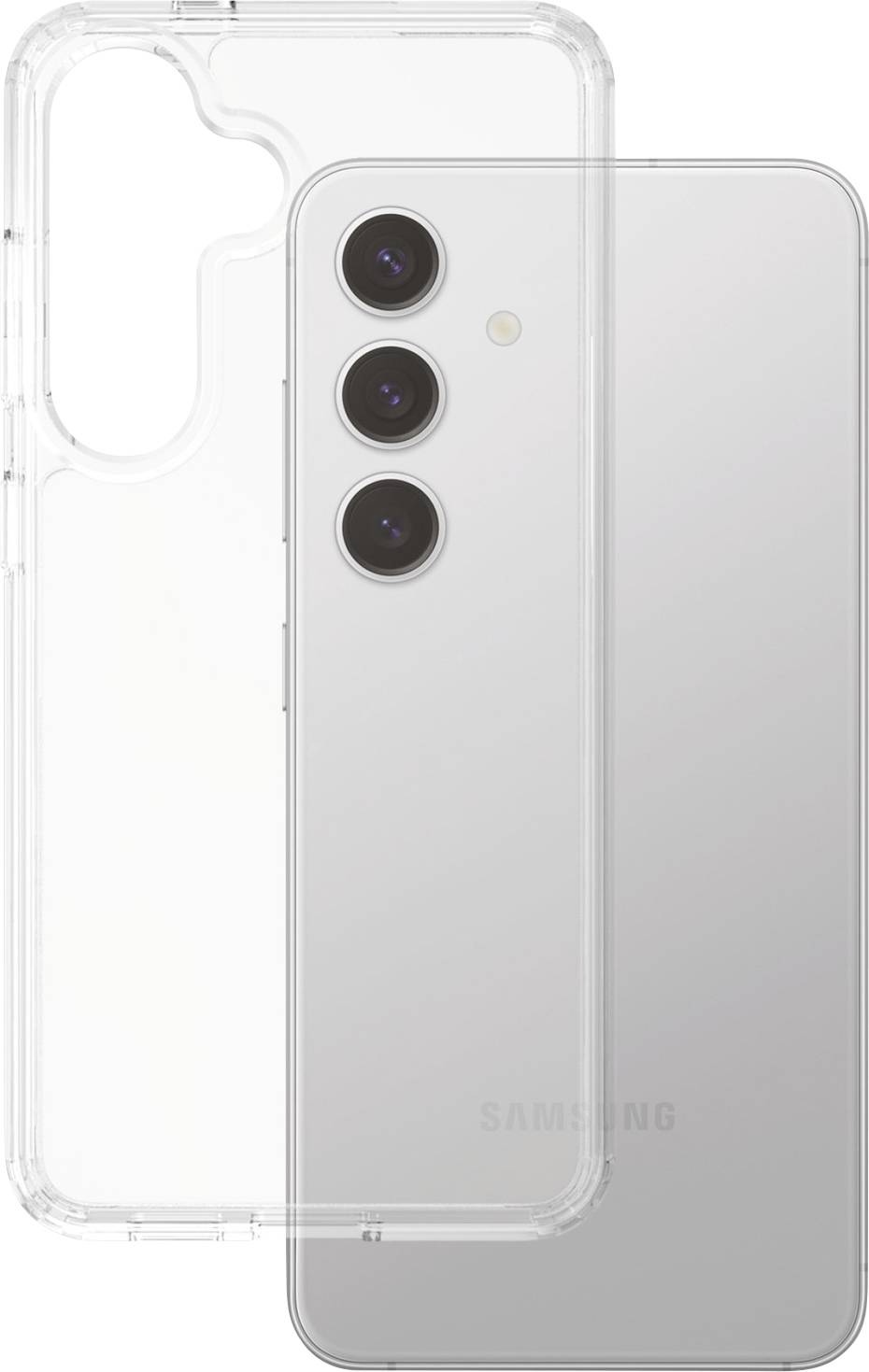 Ein Smartphone der Marke Samsung in Silber mit einer transparenten Schutzhülle. Es zeigt drei Kameralinsen auf der Rückseite.