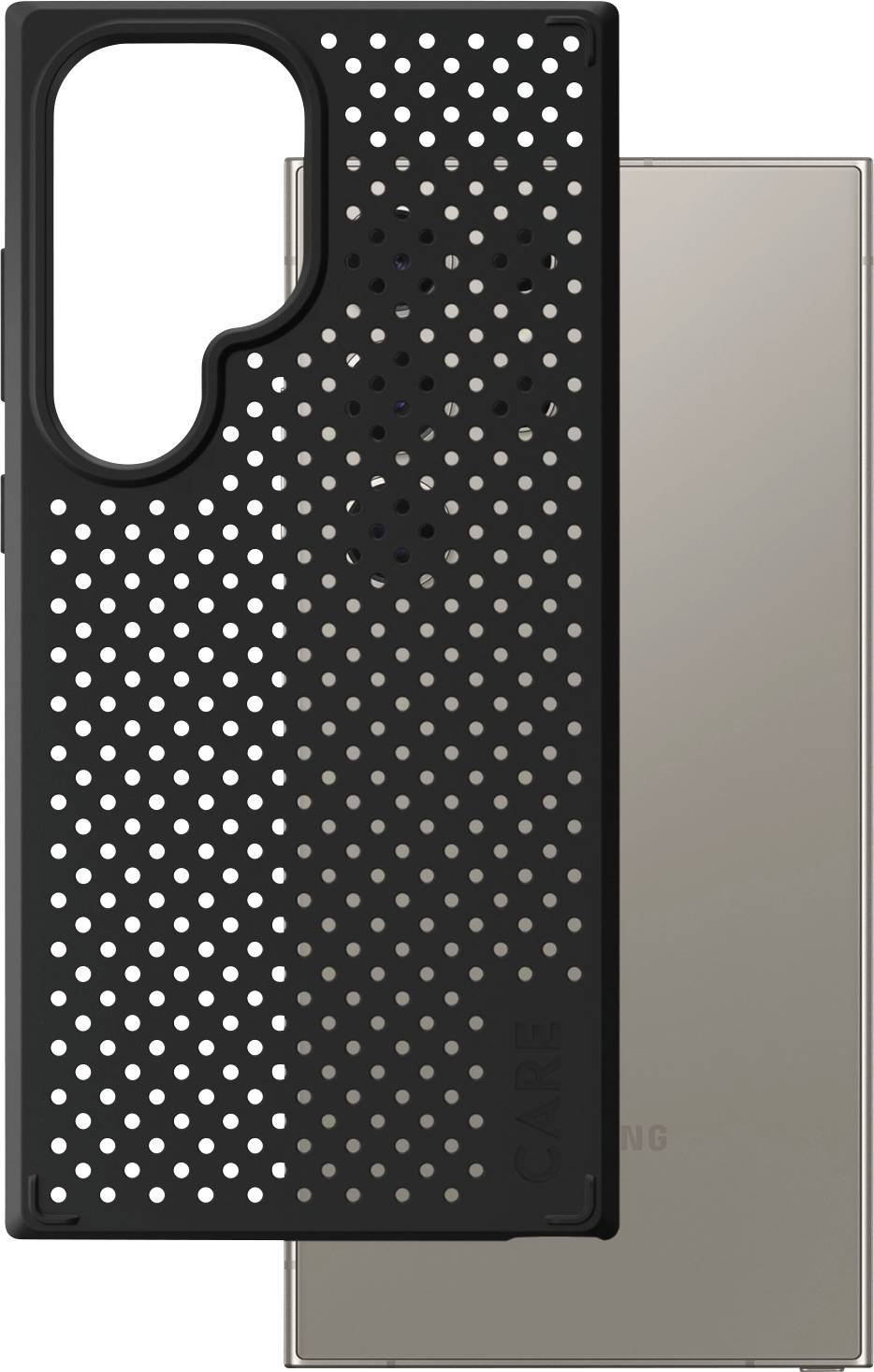 Schwarze durchlöcherte Handyhülle steht aufrecht vor einem grauen Smartphone, Rückseite sichtbar, ohne Markenkennzeichnung.