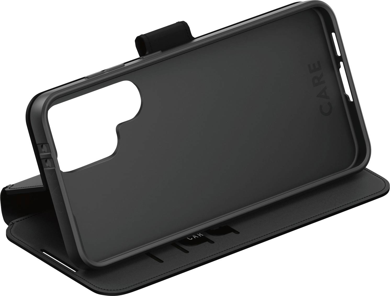 Eine schwarze Handyhülle mit Standfunktion, seitliche Knopföffnungen und Platz für Karten im Inneren.