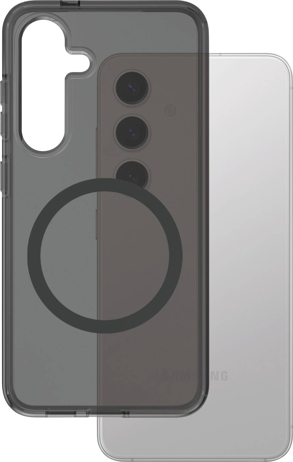 Transparente Smartphone-Hülle hält Samsung-Gerät geschützt, zeigt drei Kameralinsen auf der Rückseite.