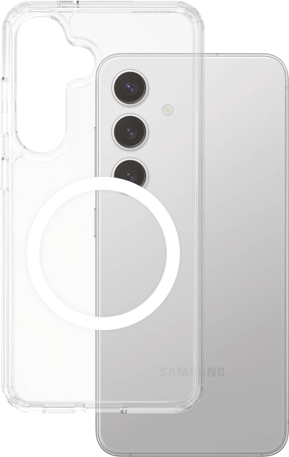 Smartphone mit durchsichtigem Schutzgehäuse, das drei Kameralinsen und Markenlogo zeigt. Das Gehäuse hebt die Kameras hervor.