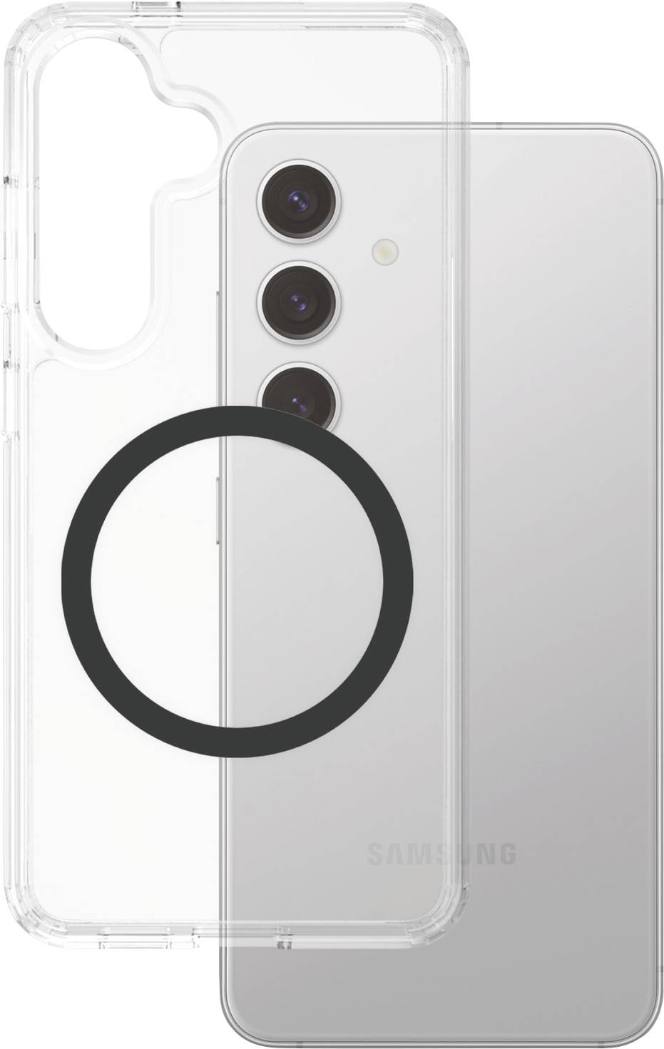 Ein transparentes Handyhülle-Set mit drei Kameraausschnitten, passend für ein silbernes Samsung-Smartphone, wird gezeigt.