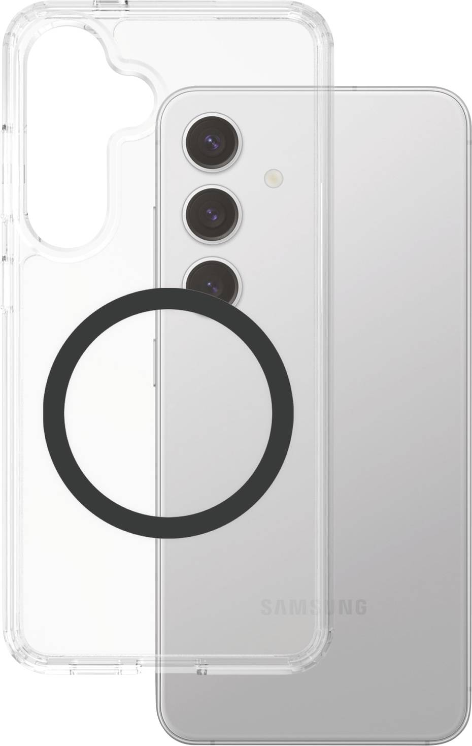 Ein silbernes Smartphone von hinten, daneben eine durchsichtige Schutzhülle mit Aussparungen für Kameralinsen im oberen Bereich.