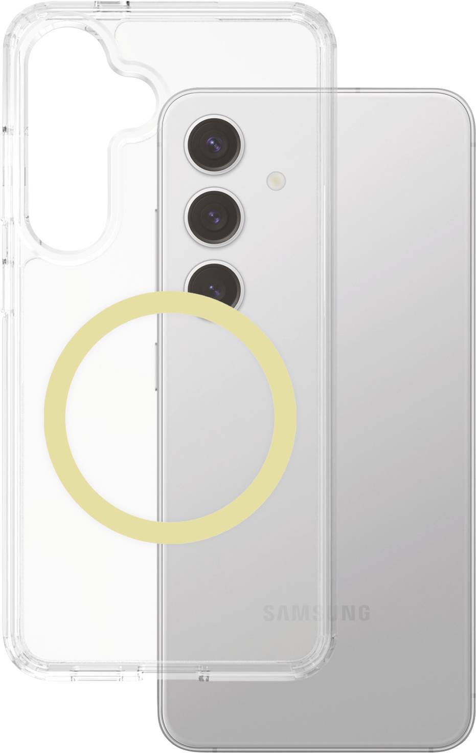 Durchsichtige Handyhülle für ein Smartphone mit drei Kameralinsen auf der Rückseite; Hülle transparent mit gelbem Kreis.