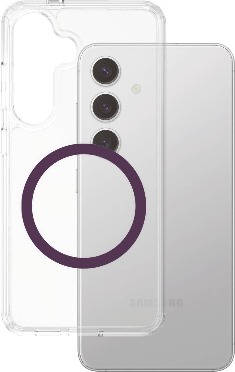 Durchsichtige Handyhülle mit drei Kameraausschnitten, daneben ein silbernes Smartphone, das die Hülle ergänzen soll.