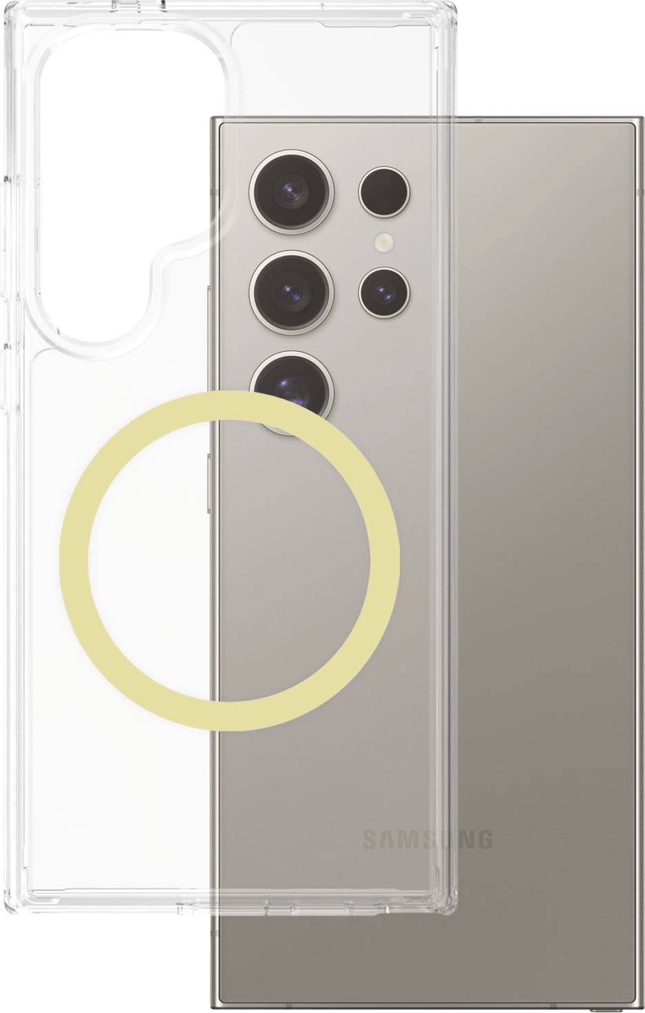 Ein graues Smartphone mit fünf Kameralinsen und einem klaren Handyhülle-Überzug wird von hinten gezeigt.