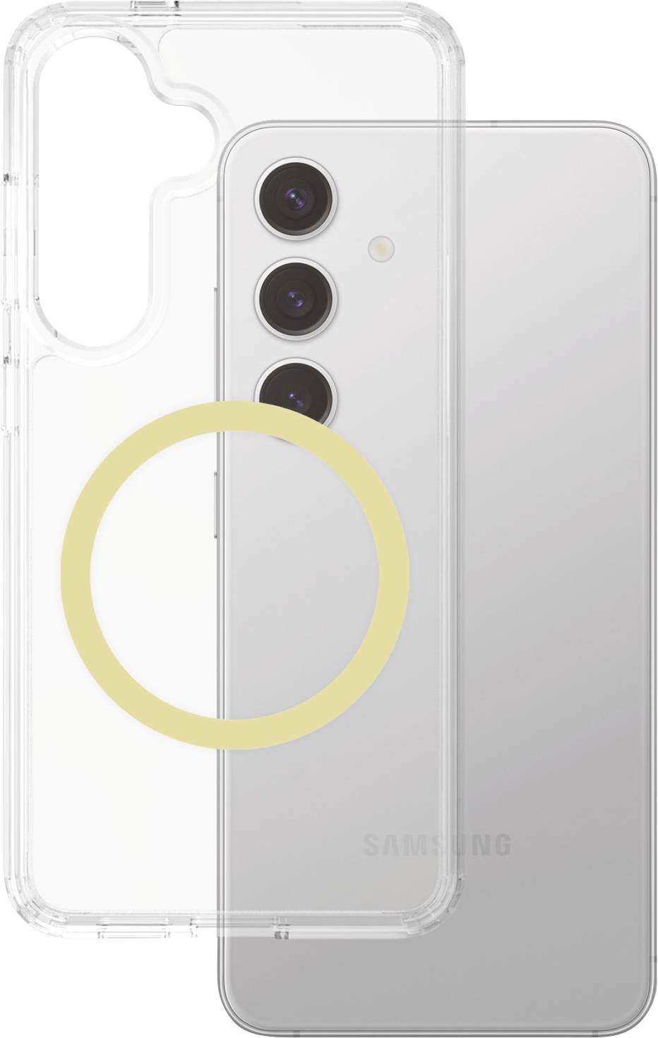 Ein silbernes Smartphone mit drei Kameralinsen auf der Rückseite. Daneben ein transparenter Schutzrahmen mit einem gelben Ring.