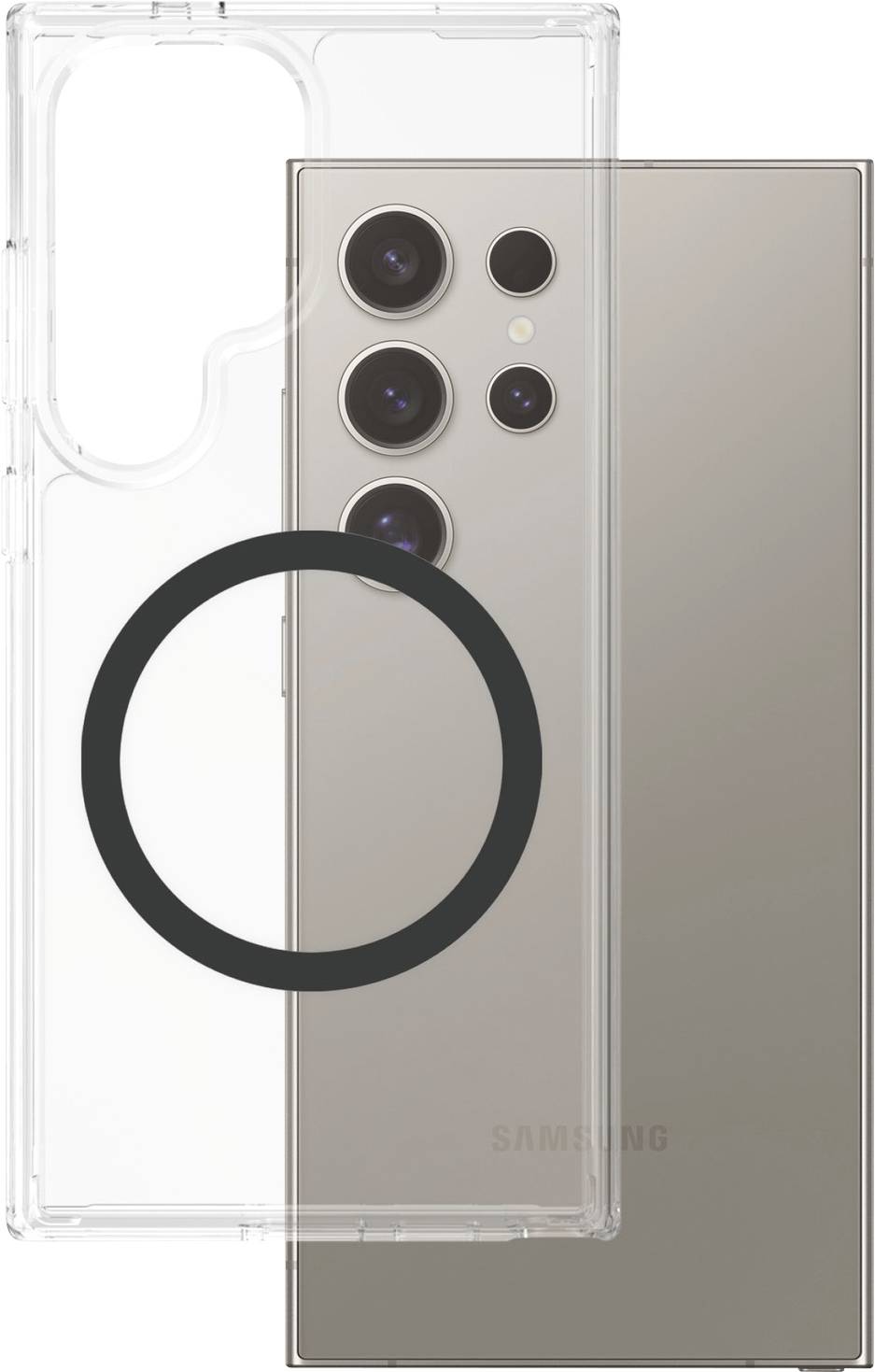 Ein Smartphone mit mehreren Kameralinsen, daneben eine transparente Schutzhülle.