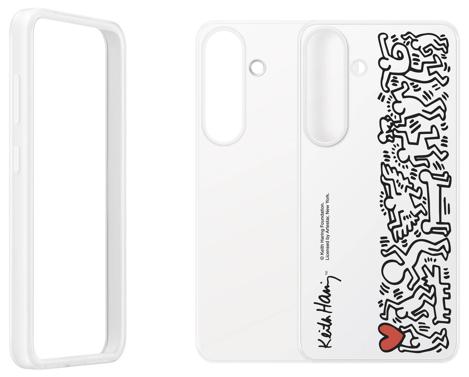 Telefonhülle mit Kunst von Keith Haring: weiße Hülle mit tanzenden Figuren und rotem Herz. Links eine leere Hülle-Rückansicht.