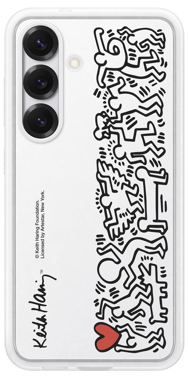 Smartphone-Hülle mit Kunstwerk von Figuren in Bewegung und einem roten Herzen. Kreation im Stil von Keith Haring.