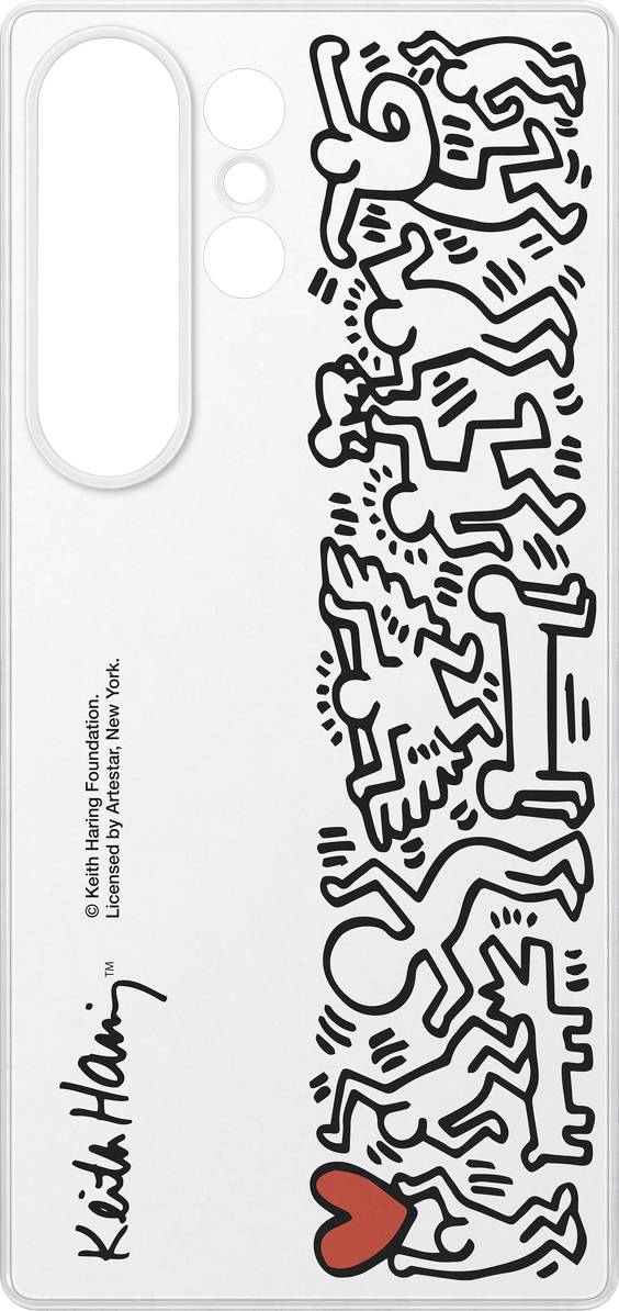 Abstrakte Zeichnung von tanzenden Figuren in Schwarz-Weiß mit einem roten Herz. Signatur von Keith Haring unten links.