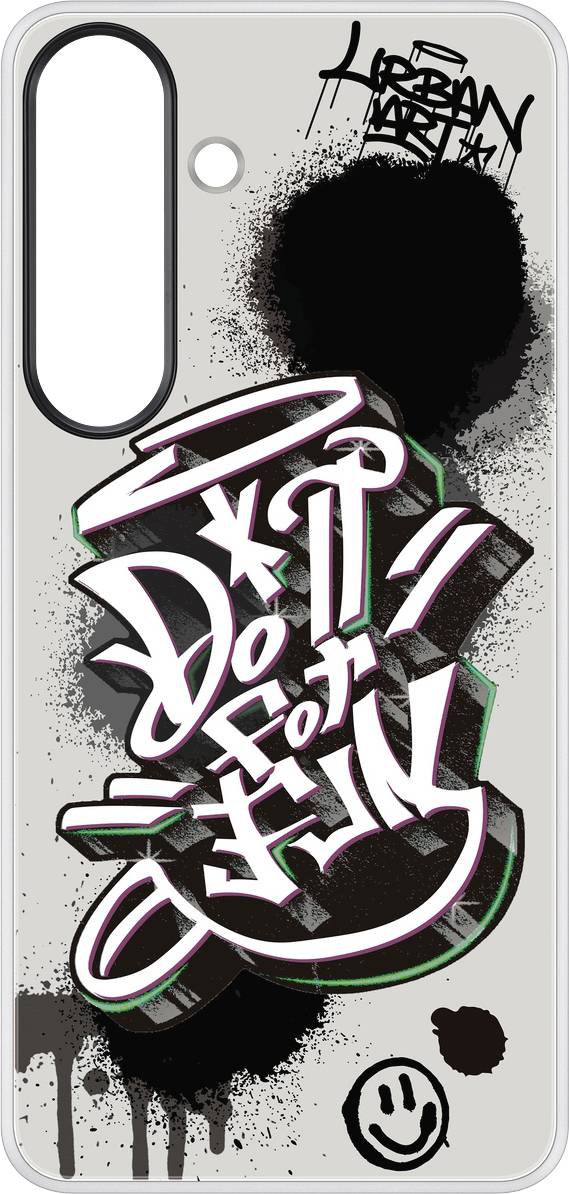 Eine Graffiti-Kunst mit dem Schriftzug 'Do it for fun' in stilisierten Buchstaben auf grauem Hintergrund mit Smiley-Gesicht und Farbklecksen.