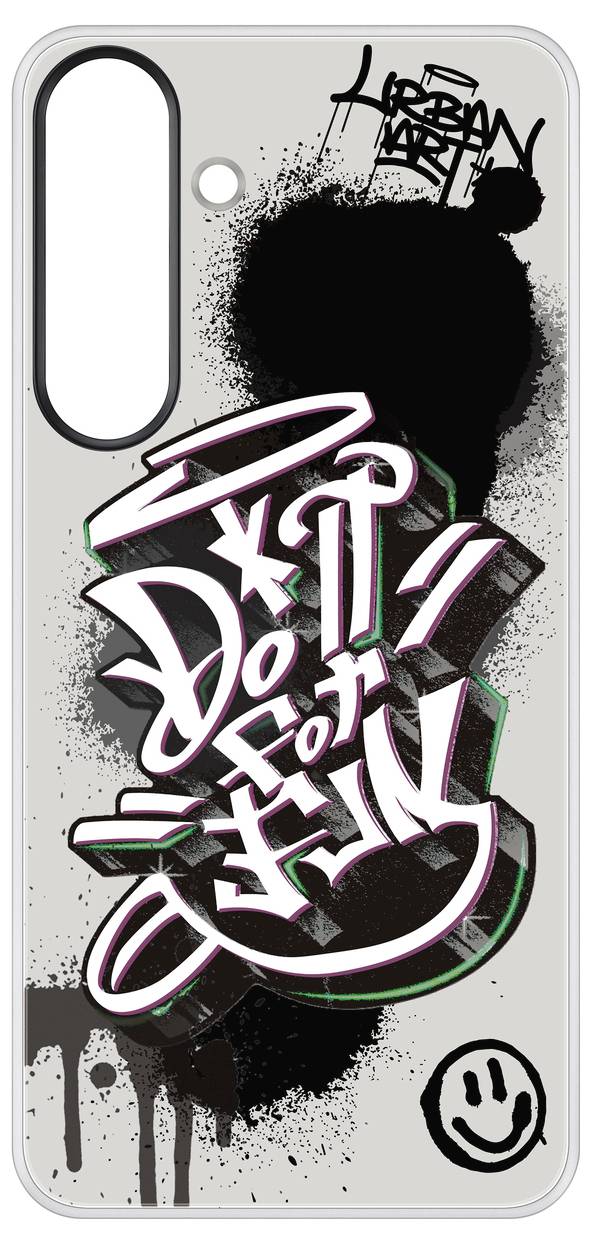 Smartphone-Hülle mit Graffiti-Design. Schwarzer, weißer und pinker Schriftzug 'Do it for Fun', Smiley unten rechts, urbane Kunst.