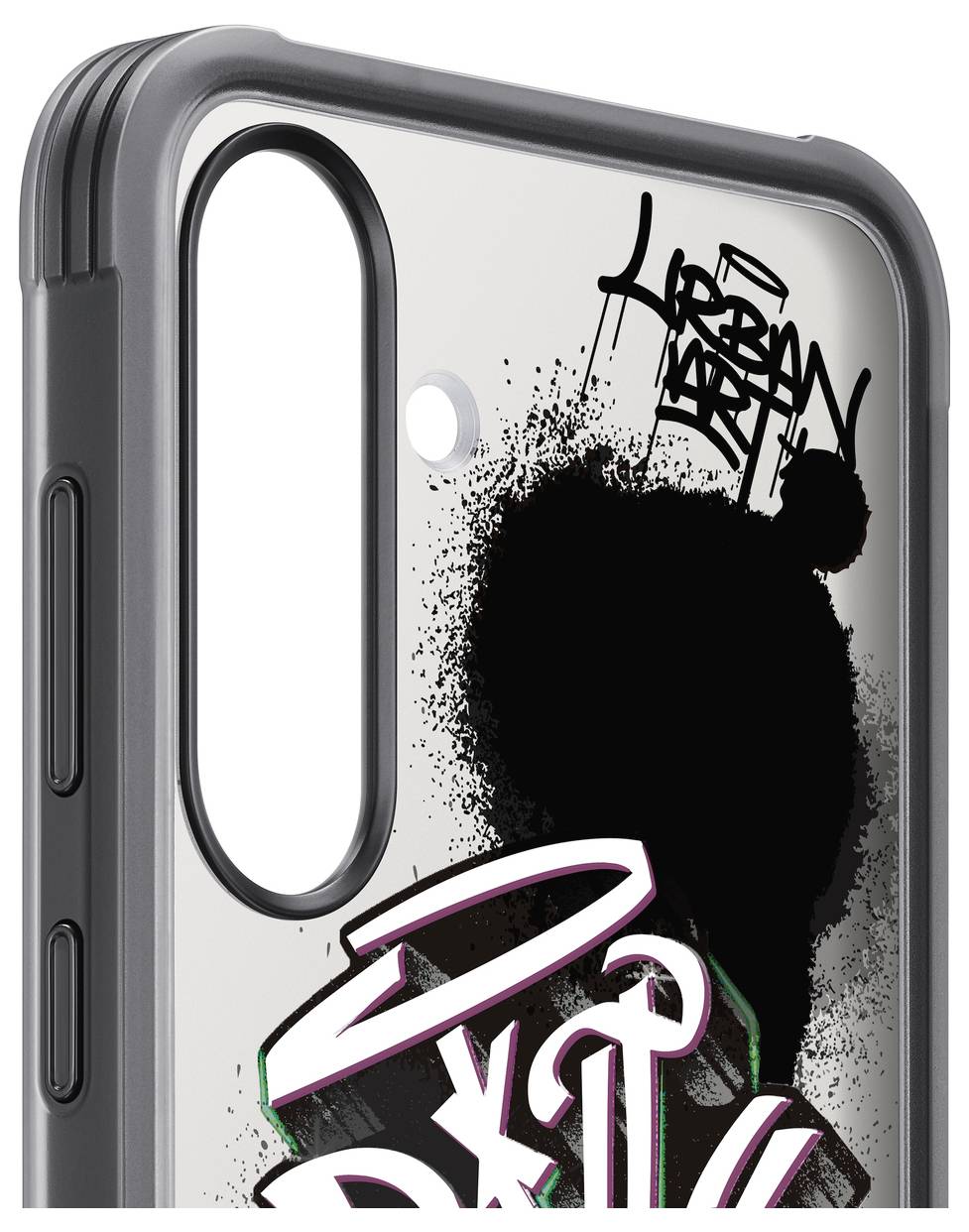 Smartphone-Hülle mit 'Urban Art'-Grafiken in Schwarz und Weiß sowie graffitiähnlichem Schriftzug, der einen künstlerischen Look vermittelt.