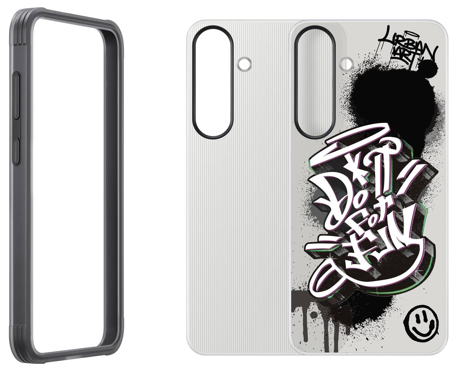 Smartphone-Hülle mit Graffiti-Kunstwerk und dem Text 'Do it for Fun' in kräftigen Farben, daneben eine schlichte schwarze Rahmen-Hülle.