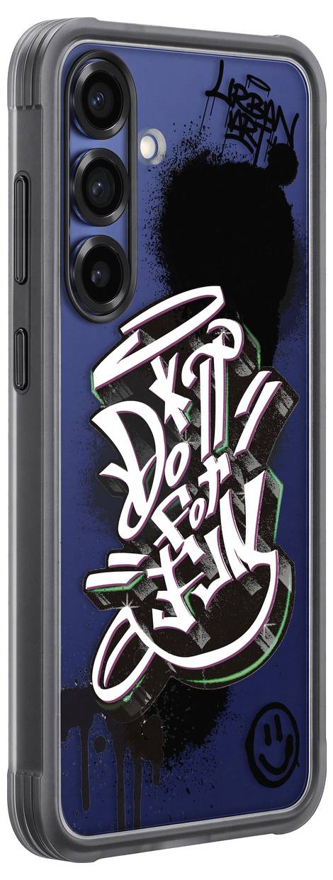 Ein Smartphone mit blauer Hülle, verziert mit Street-Art und Schriftzug 'Do it for fun'. Links oben drei Kameralinsen sichtbar.