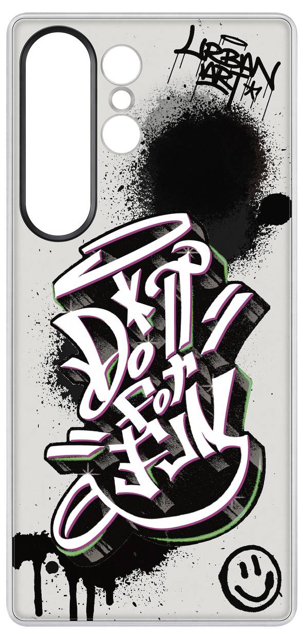 Hintergrundbild einer Handyhülle mit Graffiti-Stil und der Aufschrift 'Do it for fun', mit Smiley und schwarzen Farbspritzern.