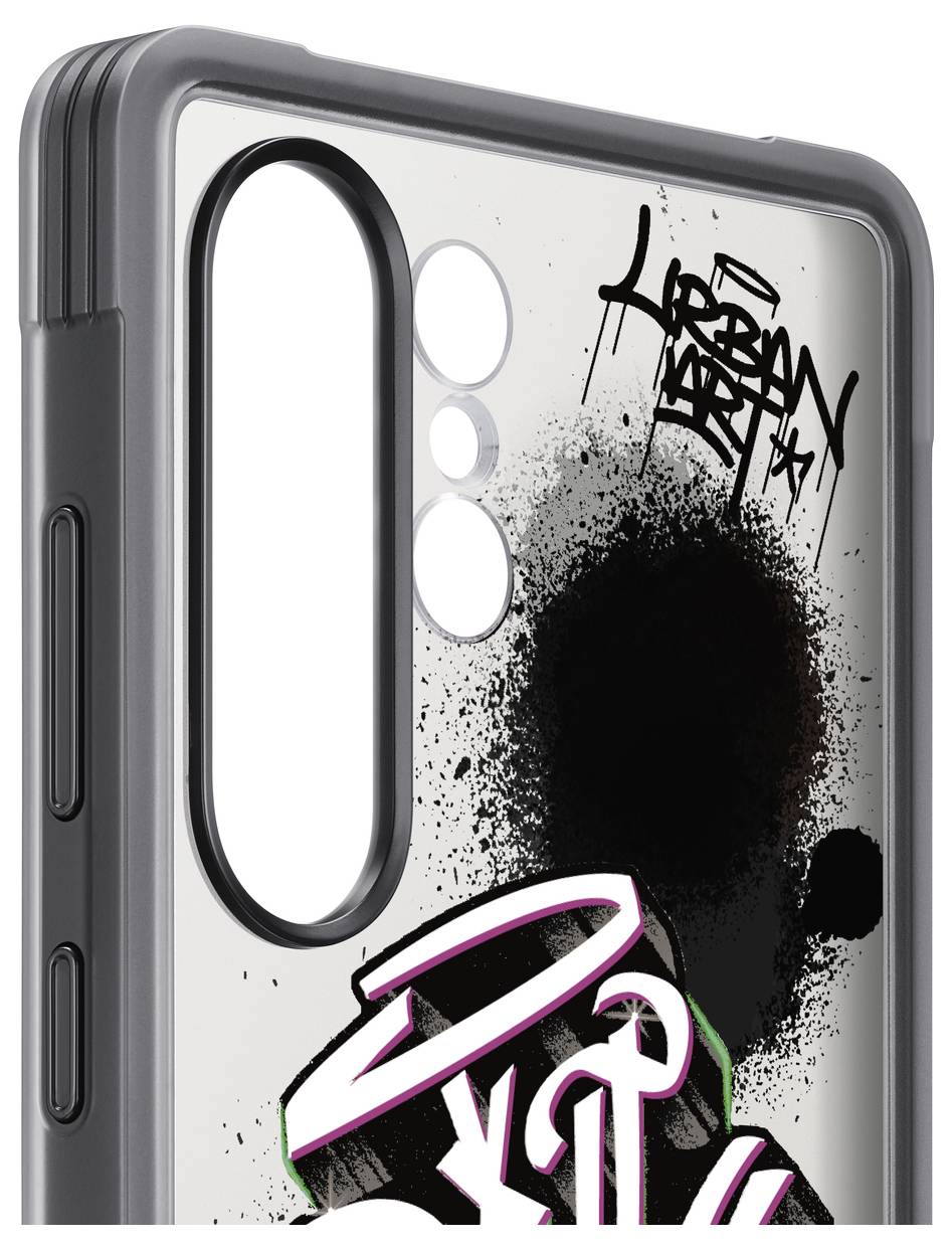 Schutzhülle mit Graffiti-Design und urbanen Kunstmotiven, schwarz-weiße Hintergrundfarben, dynamischer Schriftzug und Spritzer.