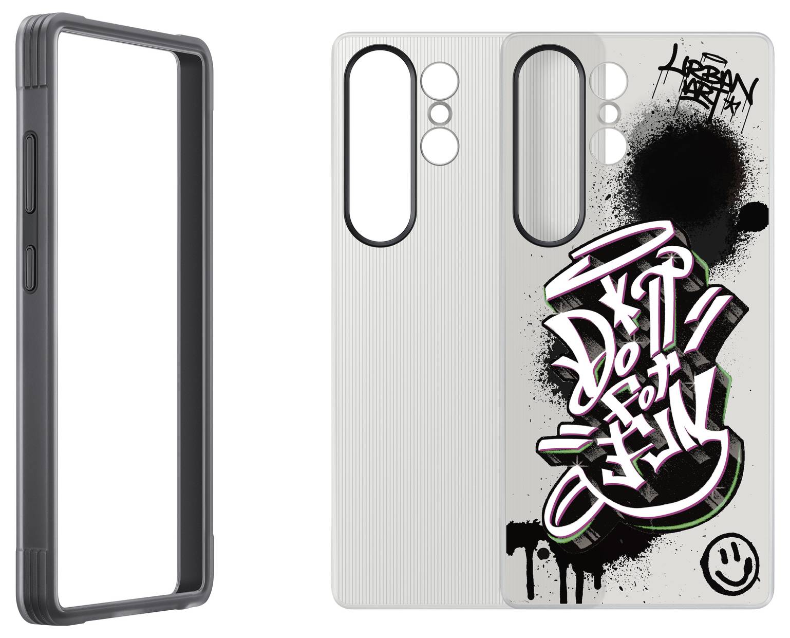 Smartphone-Hülle mit urbanem Graffiti-Design in Schwarz-Weiß und Farbakzenten, inklusive Smiley und Text 'URBAN ART'.