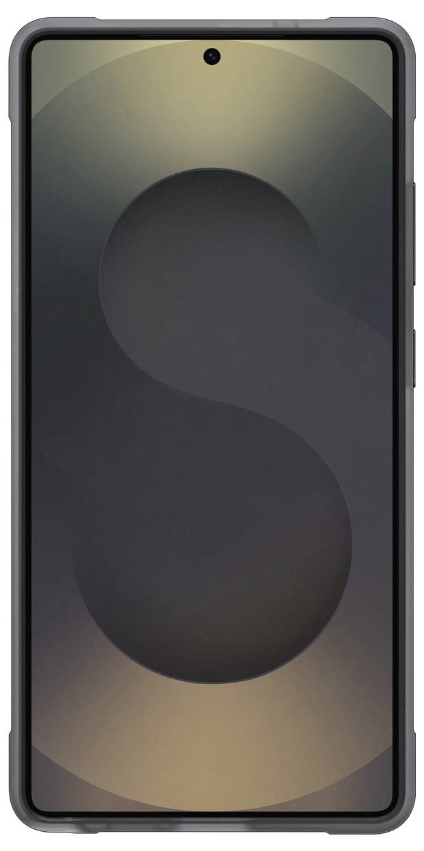 Ein Smartphone mit einem nahezu randlosen Display, auf dem ein großes stilisiertes 'S' angezeigt wird. Das Gehäuse ist dunkelgrau.