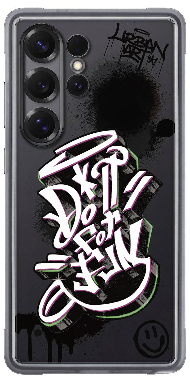 Smartphone-Rückseite mit abstraktem Graffiti-Design, vorwiegend in Weiß und Pink, auf schwarzem Hintergrund, Smiley-Graffiti am unteren Rand.