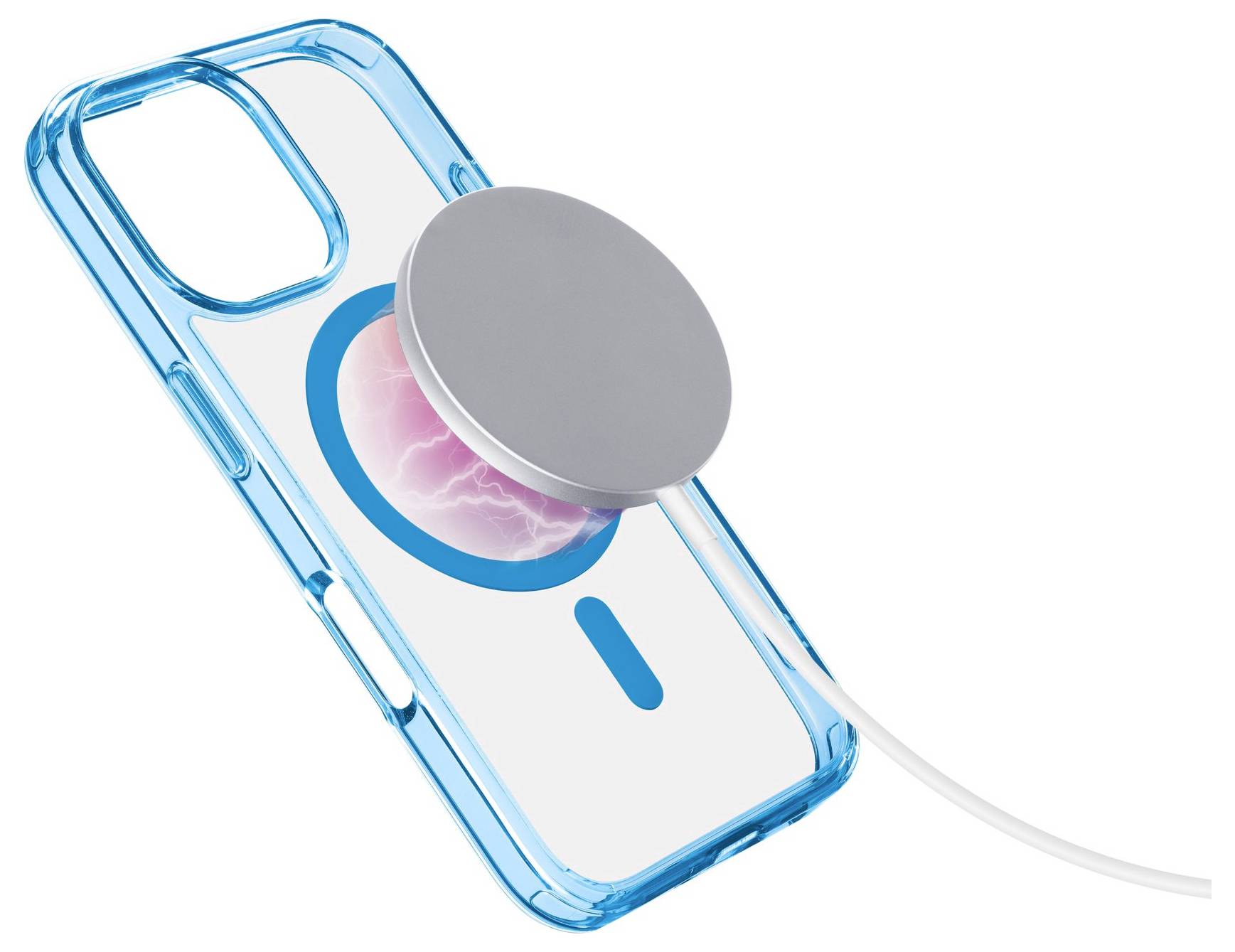 Eine blaue Handyhülle mit durchsichtigem Rücken zeigt eine kreisförmige Grafik. Ein rundes Ladegerät ist an der Rückseite angebracht.