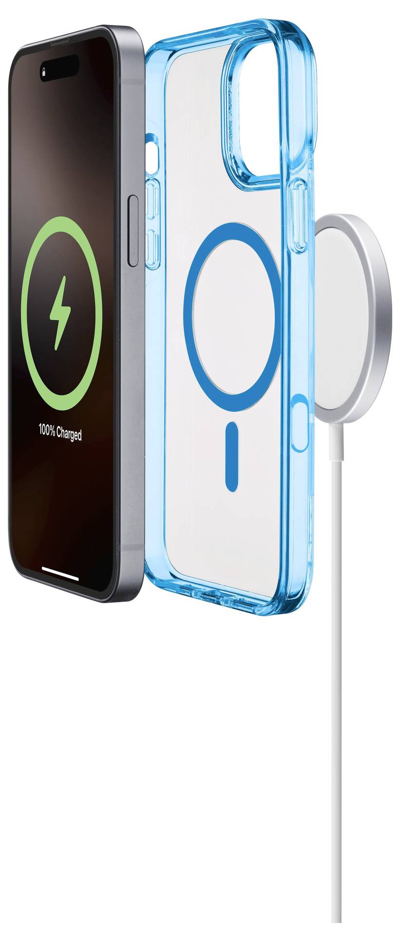 Smartphone mit blauem transparentem MagSafe-Case und kabellosem Ladegerät, zeigt ‘100% aufgeladen’.