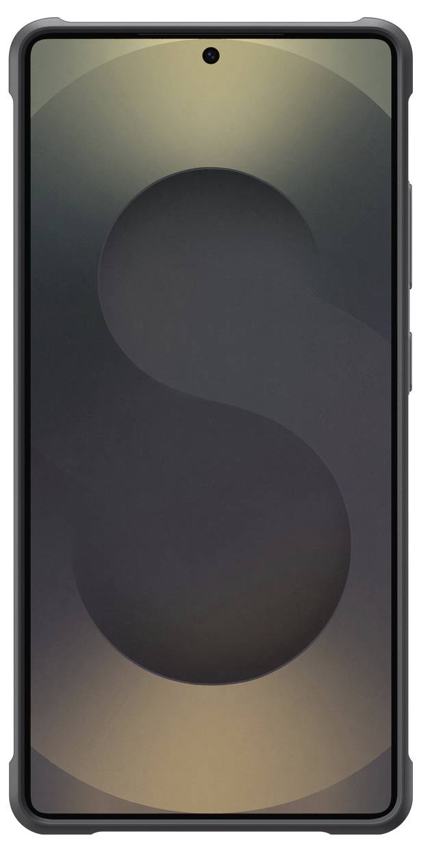 Smartphone von vorne mit einem Display, das ein abstraktes Muster in dunklen Farben zeigt. Bildschirm hat eine zentrale Kameraaussparung.